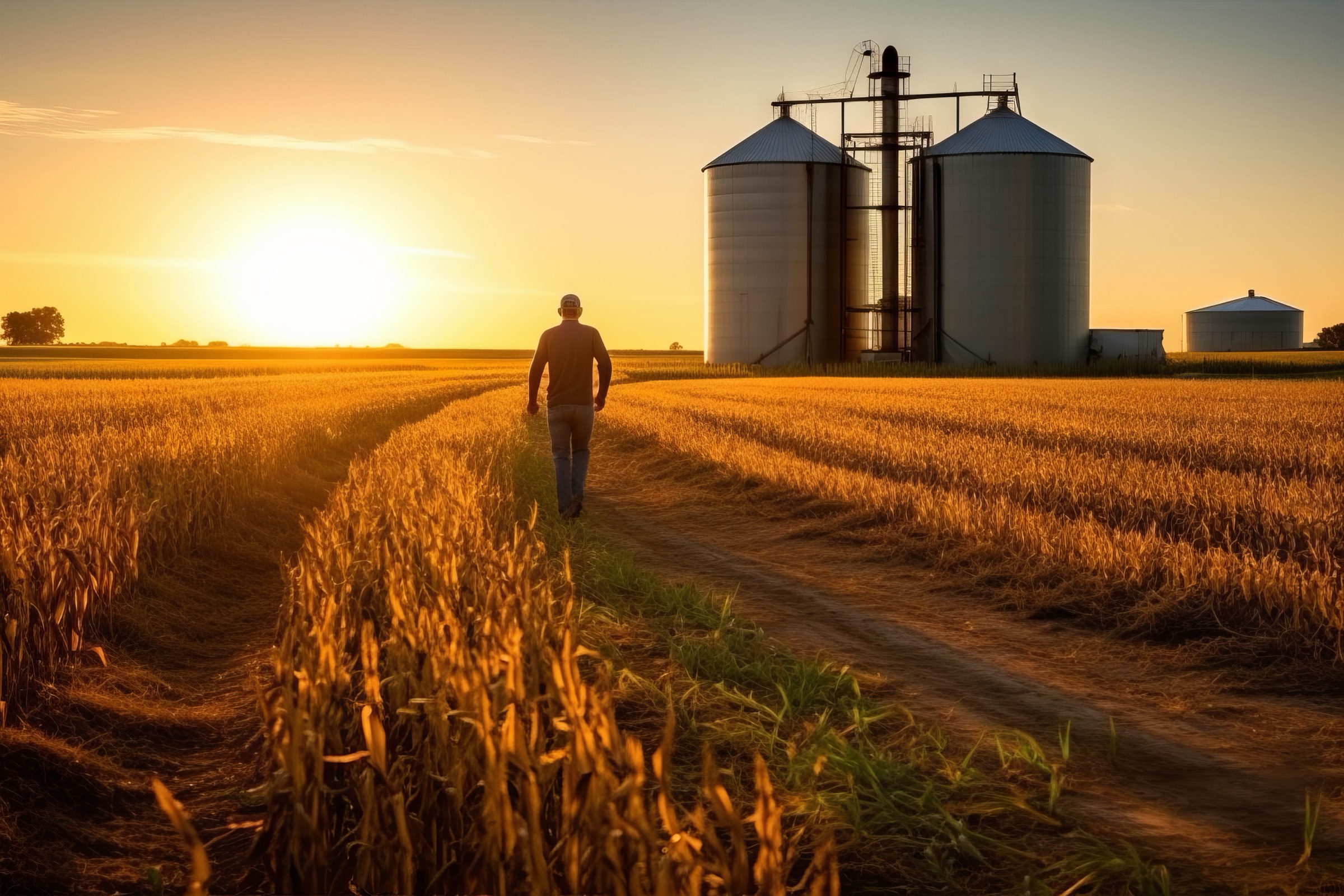 An operator walking a field at sunset, grain silos beyond