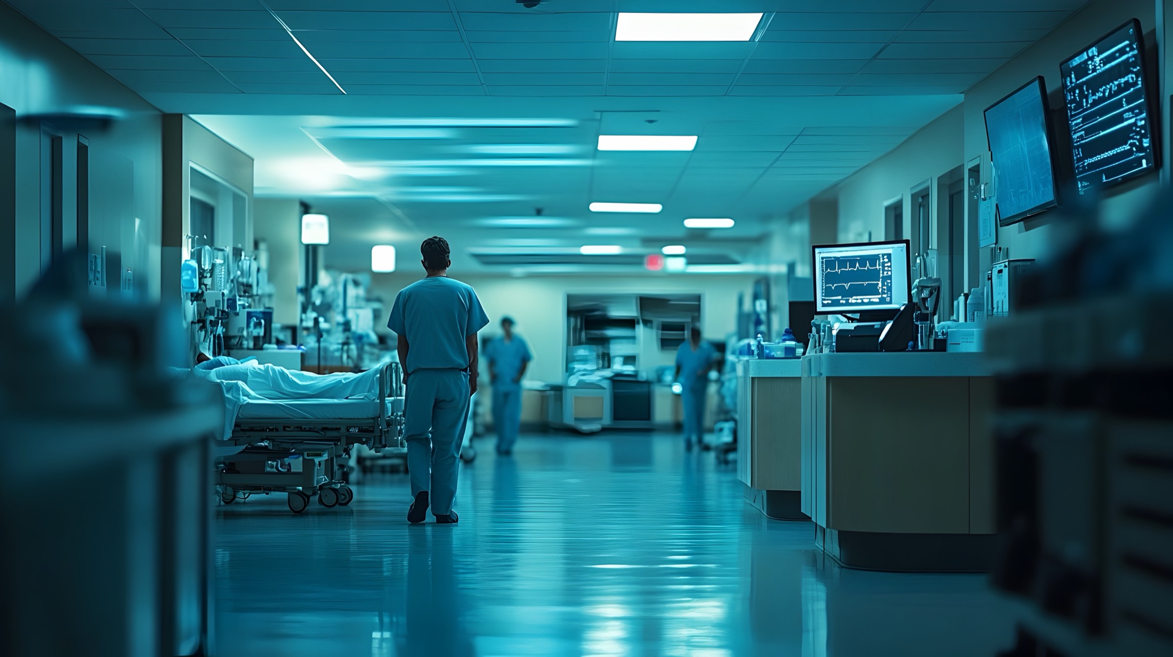 A hospital corridor at shift change